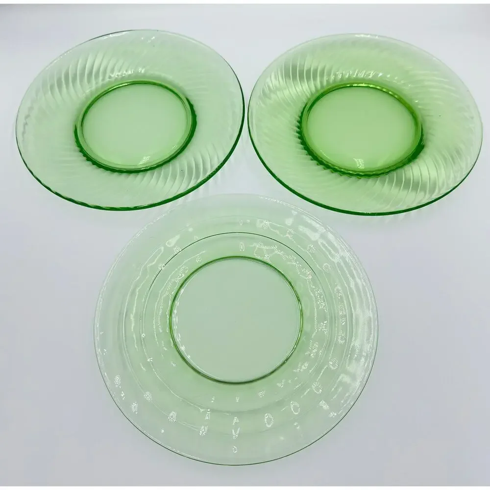 Anchor Hocking Green Depression Glass Swirl & Optic Luncheon 3pc Plate Set